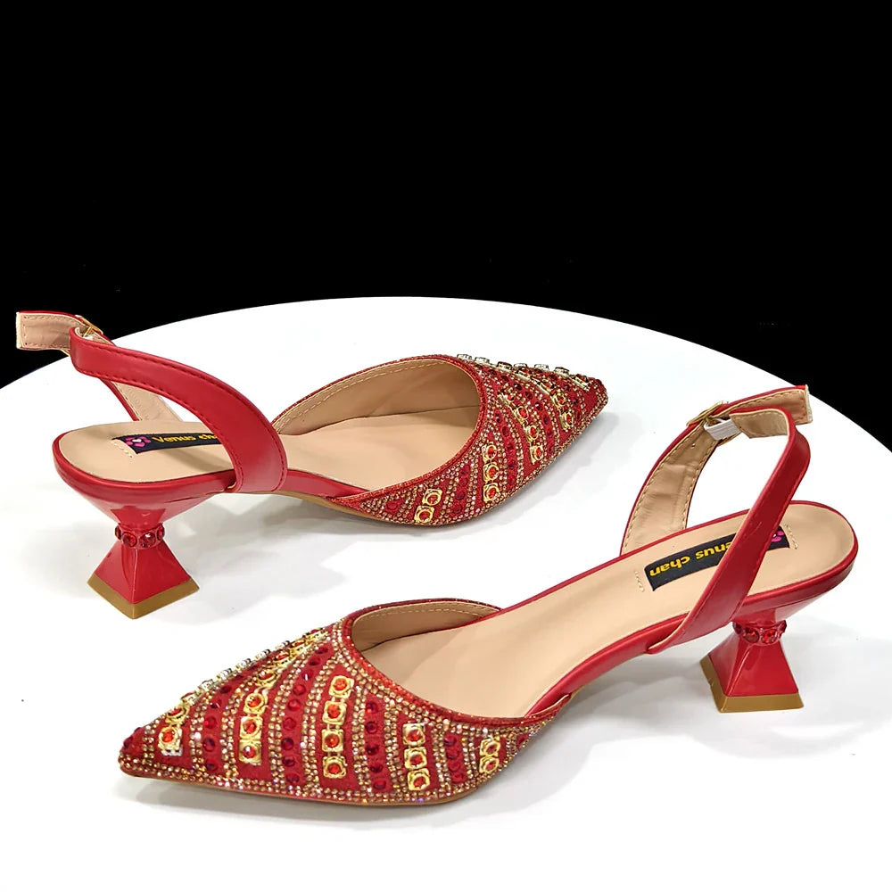 2025 Luxurious Italian Women's Party Shoes & Bag Set â€?Elegant Golden Rhinestone Spring/Summer Sandals with Pointed High Heels f