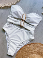 3 Colors Sexy Metal Rings Cut Out Women Swimwear One Piece Swimsuit Female Bandeau High Leg Cut Bather Bathing Suit Swim B022D