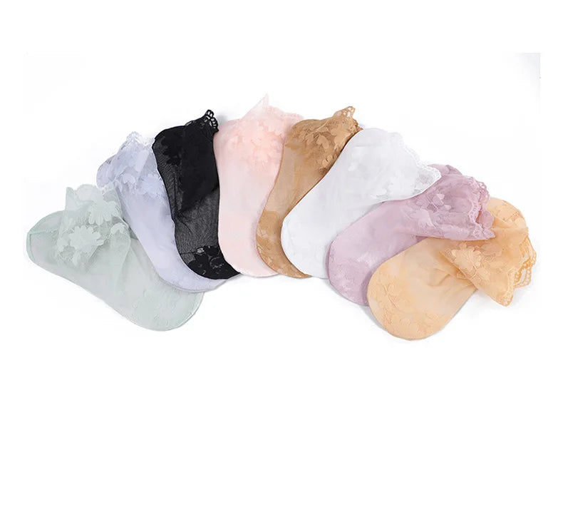 5 Pairs/Lot Socks women's Lace Transparent Lolita Invisible Summer Thin Non-slip Short  Ankle Black Low Cut Boat Sock