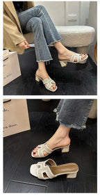 2025 Summer new arrival,fashion style grids high heel slippers for woman,thick heel outwear beach sandals for women