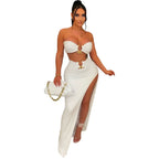 Customized Sexy Strapless Hollow Out Women Dress White Sleeveless High Slit Dress Female Autumn Skinny Elegant Party Clubwear 20