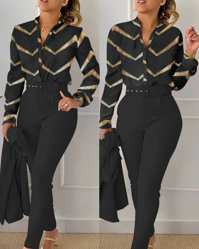 Autumn Winter Stand Neck Floral Print Long Sleeve Shirt Pants Two Piece Sets Elegant Women Casual Shirt Trousers Suits With Belt