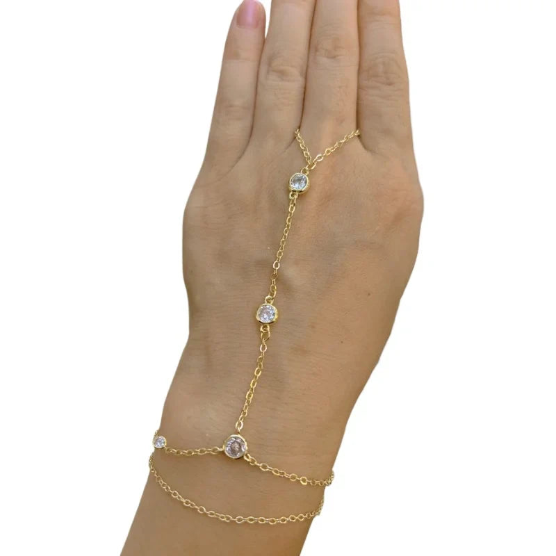 14K Gold Plated Titanium Fashion Bracelet for Women Dainty Triple Hand Chain Finger Bracelet with Zircon Crystal, Gifts for Girl