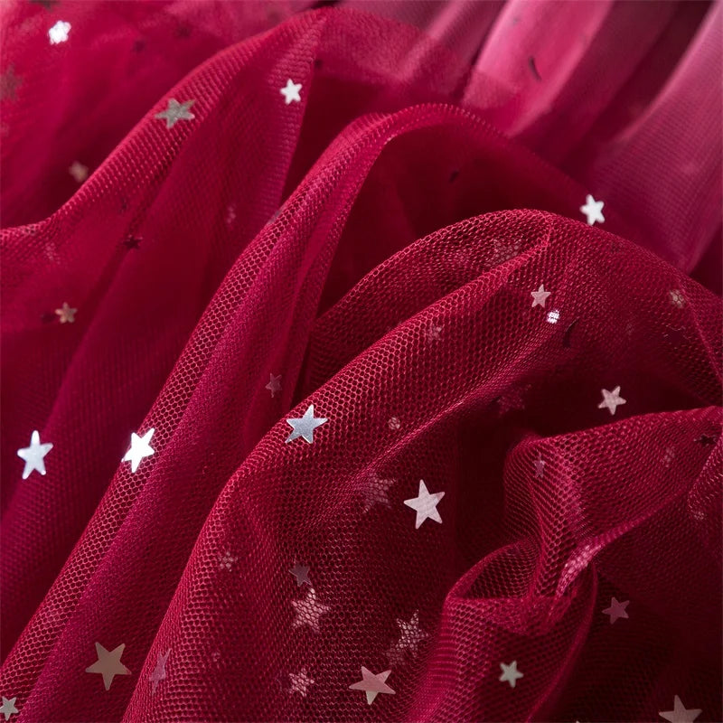 2025 Red Christmas Dress for Baby Girls Winter Long Sleeve Mesh Dresses for 3-8Yrs Kid Star Sequin Birthday Party Princess Dress