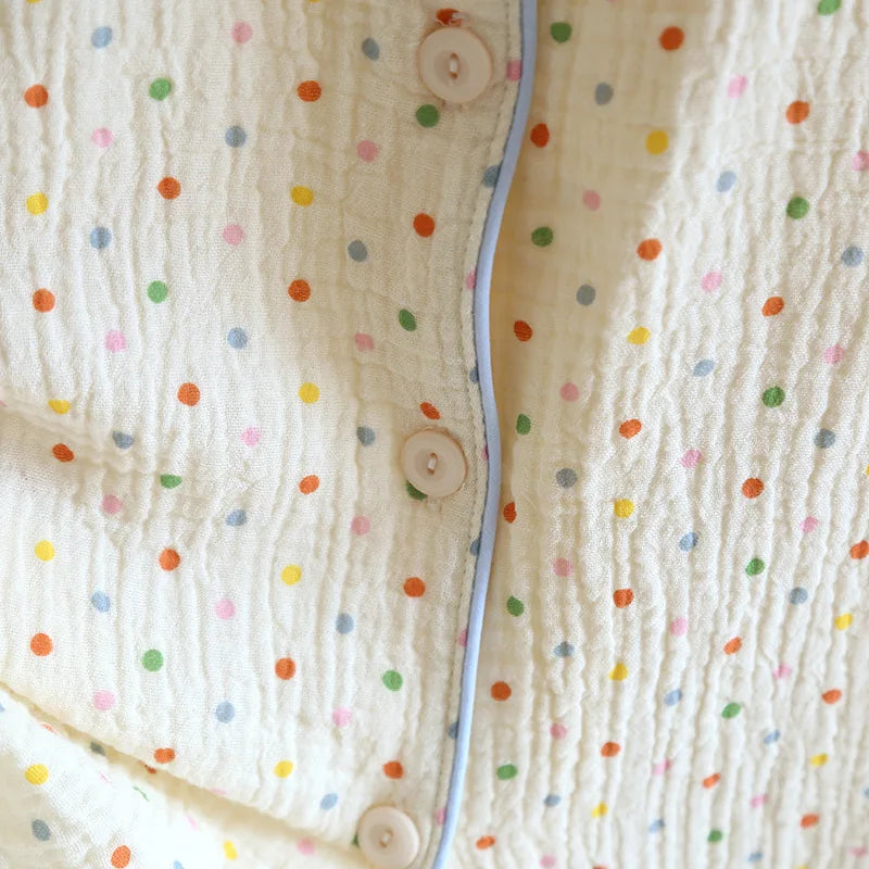 2025 New Summer Women's Pajama Set 100% Cotton Crepe Short Sleeve+Shorts+Pants 3-Piece Pajama Women's Cardigan Home Clothes