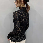 Autumn Women Thin Black Lace T shirt Sexy Turtleneck Long Sleeve Slim Lace Crochet Patchwork Tee Tops WDC6074