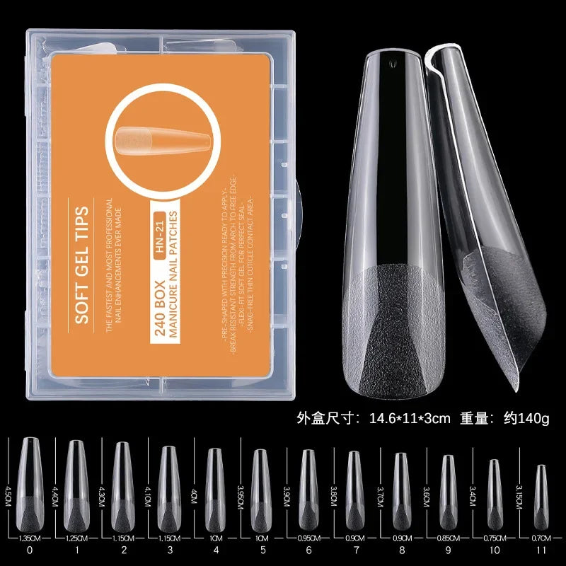 240PCs Extra Long XXL Size False Nail Tips Soft Gel Coffin Square Almond Fake Nail Tips Half Matte No Trace Traceless Nails