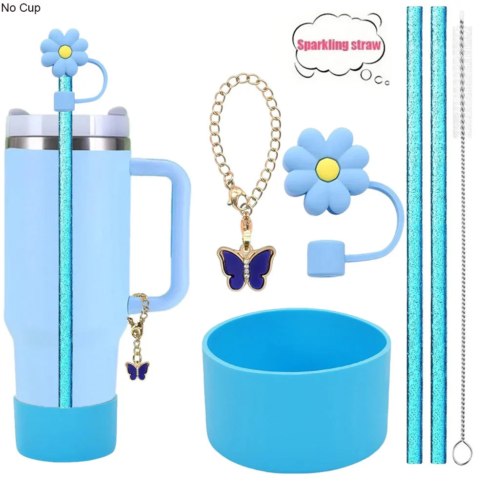 6pcs Reusable Accessories Set for Stanley 40oz Tumblers - Bow Straw Covers, Sparkling Straw, Protective Boot, Charm Chains
