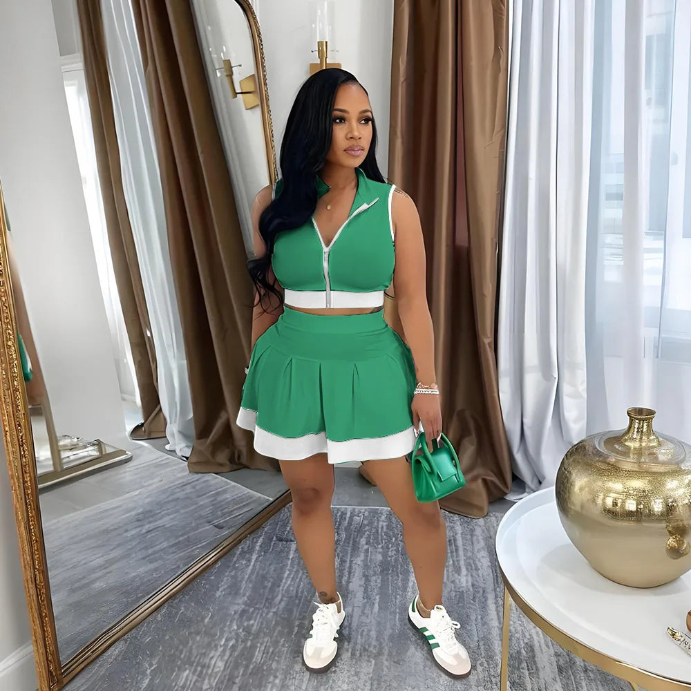 CM.YAYA Women's Set Sleeveless V-neck Vest  + Pleated Skirts 2025 Summer Cute Street Beach Two 2 Piece Sets Outfits Tracksuit