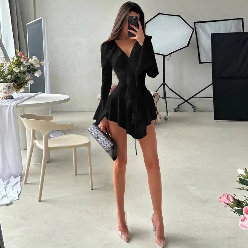 2025 New Autumn Irregular Hem Dress Women Y2K Flare Sleeve V-Neck Bandage Stretch Elegant Birthday Party Chic Hipster Bodycon