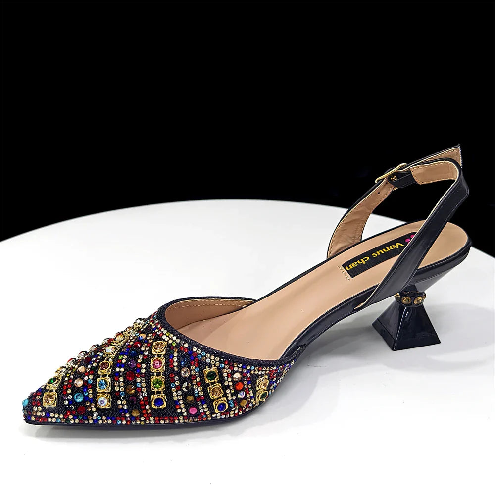 2025 Luxurious Italian Women's Party Shoes & Bag Set â€?Elegant Golden Rhinestone Spring/Summer Sandals with Pointed High Heels f