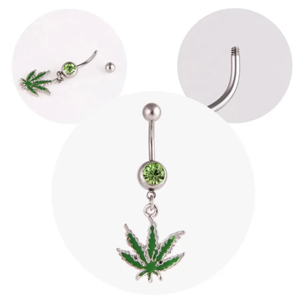 1/2pcs 316L Stainless Steel Leaf Belly Button Ring for Women, Green Maple Leaf Dangle Belly Barbell Navel Body Piercing Jewelry