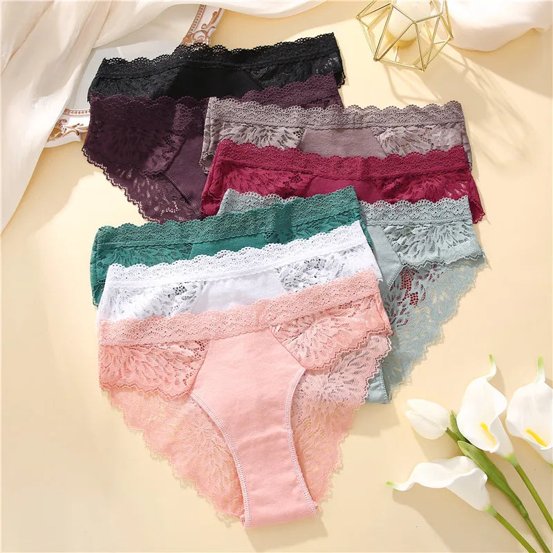 3PCS/Set Sexy Perspective Women Back Lace Panties Patchwork Cotton Underpants Hollow Out Lingerie Underwear Comfortable Briefs