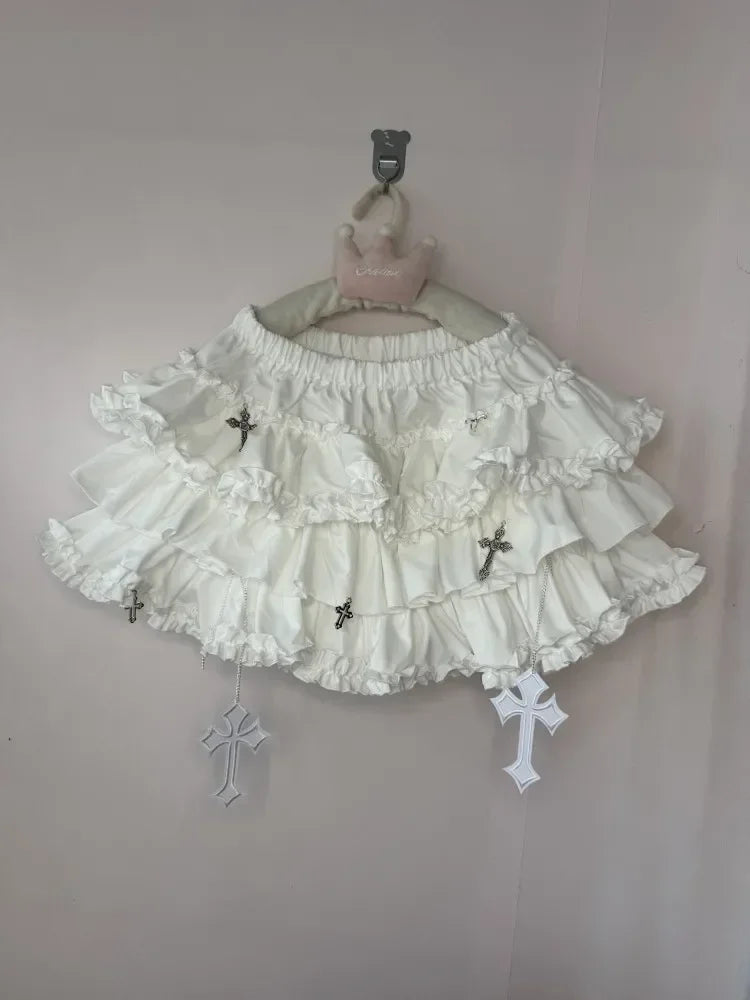 Emo Women Y2K Japanese Goth Elastic Waist Cross Mini Short Skirt High Waist Aesthetic Acubi Ruffle Skirts A-line 2000s Clothes