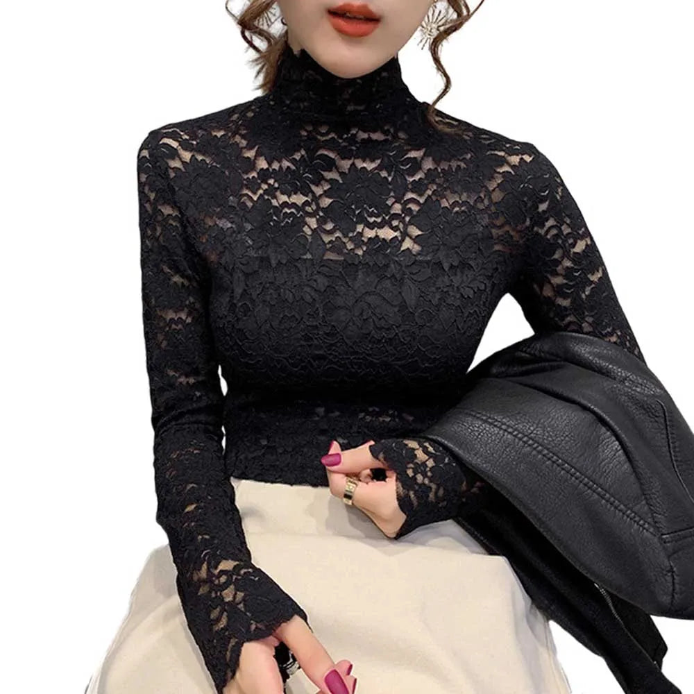 Autumn Women Thin Black Lace T shirt Sexy Turtleneck Long Sleeve Slim Lace Crochet Patchwork Tee Tops WDC6074