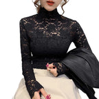 Autumn Women Thin Black Lace T shirt Sexy Turtleneck Long Sleeve Slim Lace Crochet Patchwork Tee Tops WDC6074