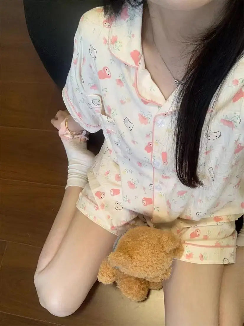 Cute Girl's Summer Cotton Linen ort Sve Nightgown Home Clothes Set Bear Print Gauze Spwear Simple Home Sle