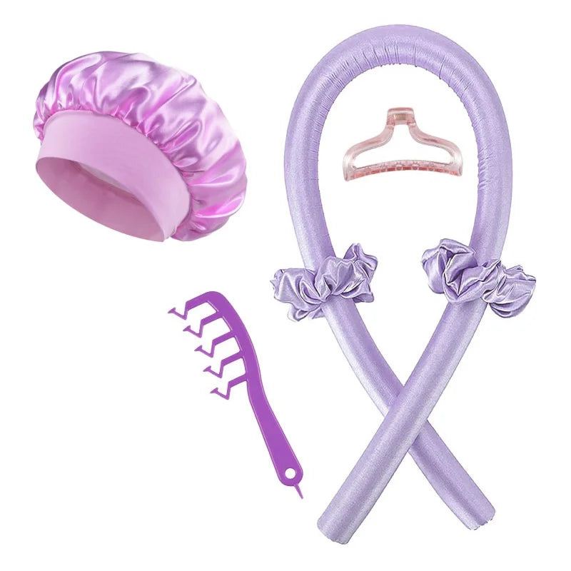 6Pcs Women No-Heat Curly Hair Stick Satin Sleep Cap Set Hair Clip and Ring Comb Sponge Hair Curler Suitable for All Hair Types
