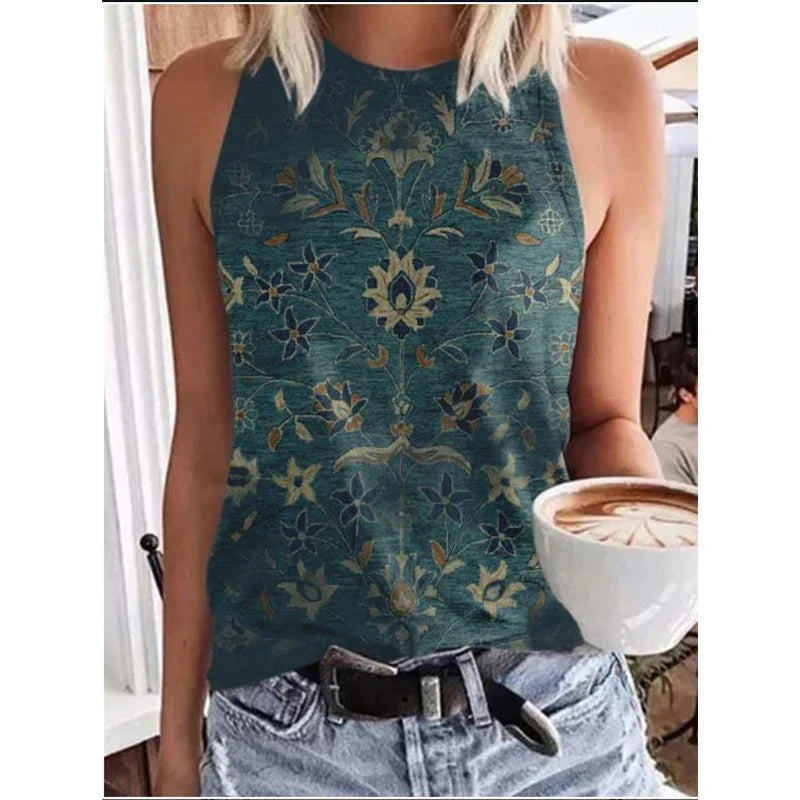 Ethnic Style Paisley 3D Print Tank Tops Women Retro Streetwear Y2k Oversized O-Neck Vest Off Shoulder Sleeveless Woman Camisole
