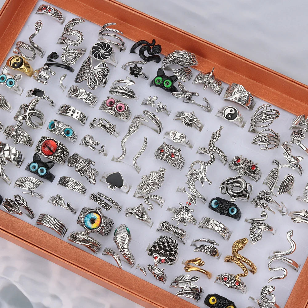 20 Pieces/Lot Vintage Punk Snake Rings for Women and Men Dragon Animal Devil's Eye Adjustable Mix Hip Hop Gothic Charm Jewelry