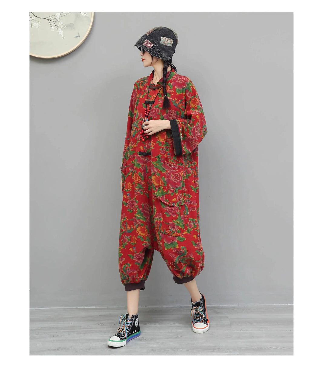 Artistic Large Floral Cotton Linen Chinese Style Button Embroidery Loose Casual Jumpsuit Women LX4344