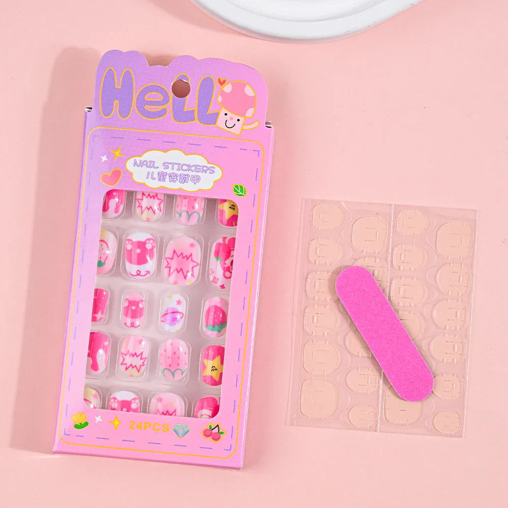 24Pcs Children Cartoon Nail Tips Colorful Cute Rabbit Pink Stars 6-14 Years old Girl Fake Nail With Jelly Glue Kids False Nail