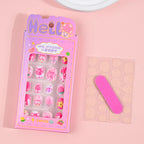 24Pcs Children Cartoon Nail Tips Colorful Cute Rabbit Pink Stars 6-14 Years old Girl Fake Nail With Jelly Glue Kids False Nail