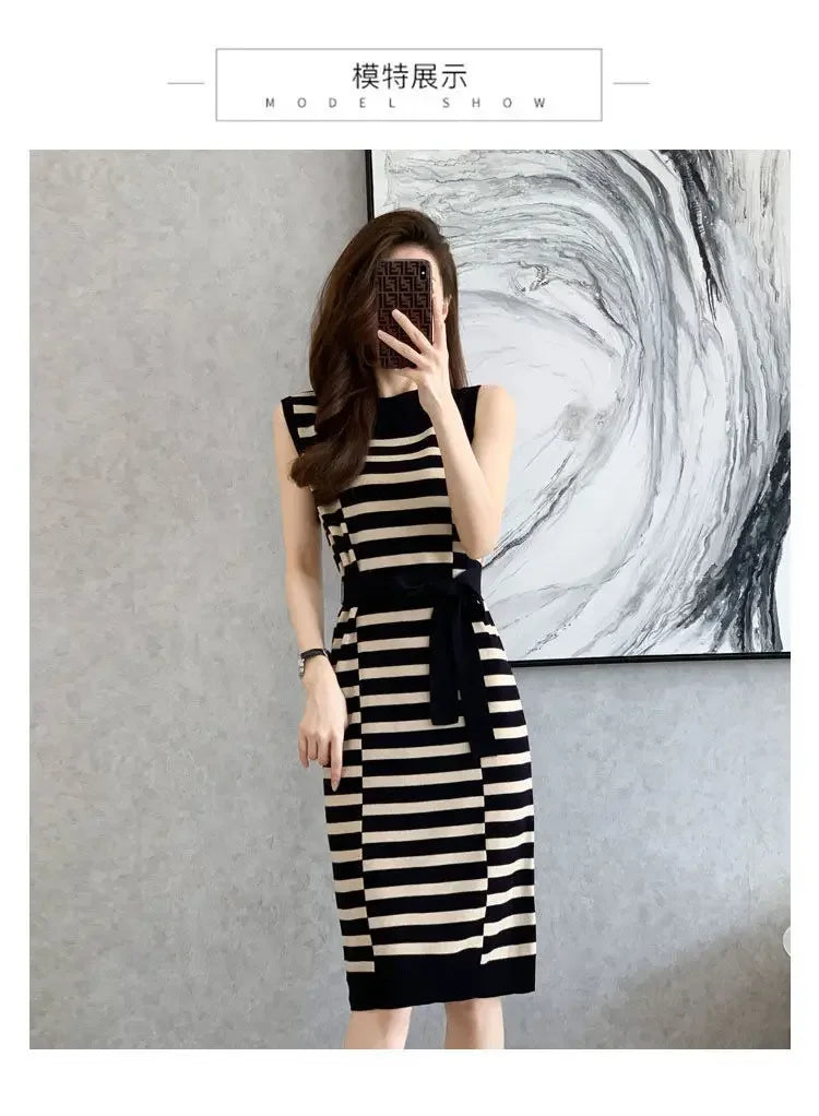2025 Summer New Over-knee Long Temperament Slim Waist Vest Sleeveless Slim Striped Knitted Dress