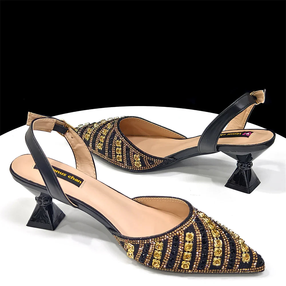 2025 Luxurious Italian Women's Party Shoes & Bag Set â€?Elegant Golden Rhinestone Spring/Summer Sandals with Pointed High Heels f