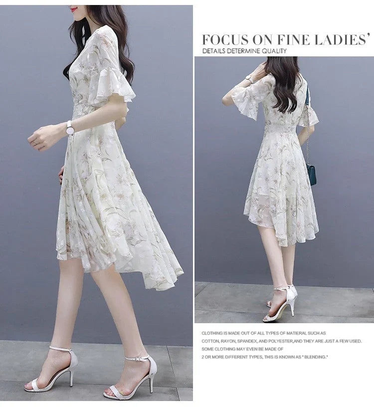 Ele Summer  Women's Midi Dr ang Hai Sle Sweet Princ round Ne ort Sve A-Line Skirt Printed Chiffon Dr