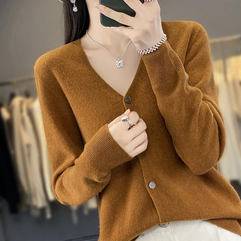100 Merino Wool Knitted V-neck Sweater Women's Top Loose Korean Version Fashionable Versatile Autumn And Winter Cashmere Sweater