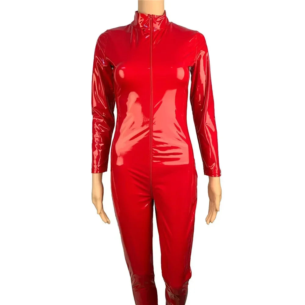 2025 Halloween Women's Wet Look Shiny PU Faux Leather Jumpsuit Suit Long Sleeve Zipper Open Crotch Latex Bodysuit Clubwear