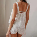 Cute Women Pajamas Set 2 Pieces Loungewear Suits Y2K Lace Drawstring Sleeveless Cami Tops and Shorts Sleepwear Outfits