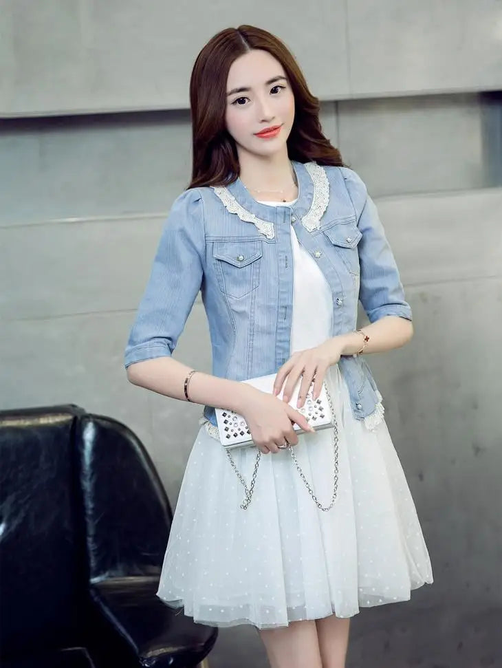 2023 Spring/Summer New Denim Jacket Women's Korean Casual Slim All-Match Short Crop Sleeve Short Sleeve Denim Button Up Top