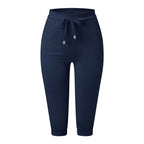 Classic Solid Color Jogging Pants Women Cotton Linen Capris Trousers Bandage Double Pocket Pants Summer Beach Vacation Wear