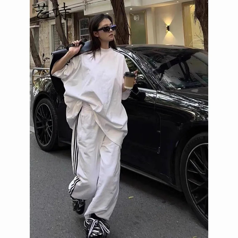 American Street-bombing Leisure Sportswear Suit Female Summer Student Loose Versatile Short-sleeved Trousers Two-piece Suit Tide