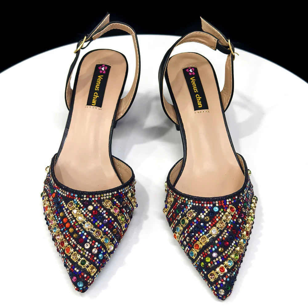 2025 Luxurious Italian Women's Party Shoes & Bag Set â€?Elegant Golden Rhinestone Spring/Summer Sandals with Pointed High Heels f