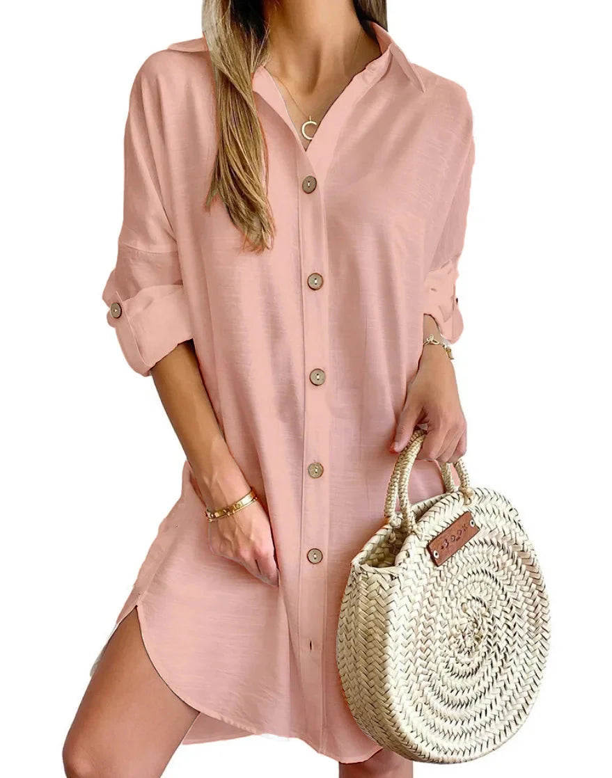 Elegant Women's White Spring And Autumn Casual Long Sleeved Lapel Button Up Shirt Dress 2024 Fashionable Woman Loose Mini Dress