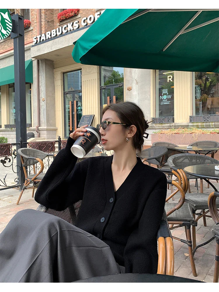 AOSSVIAO Knitted Casual Cardigan 2025 Autumn Winter Elegance Solid Color V-neck Sweater Unique and Niche Slim Fit Tops