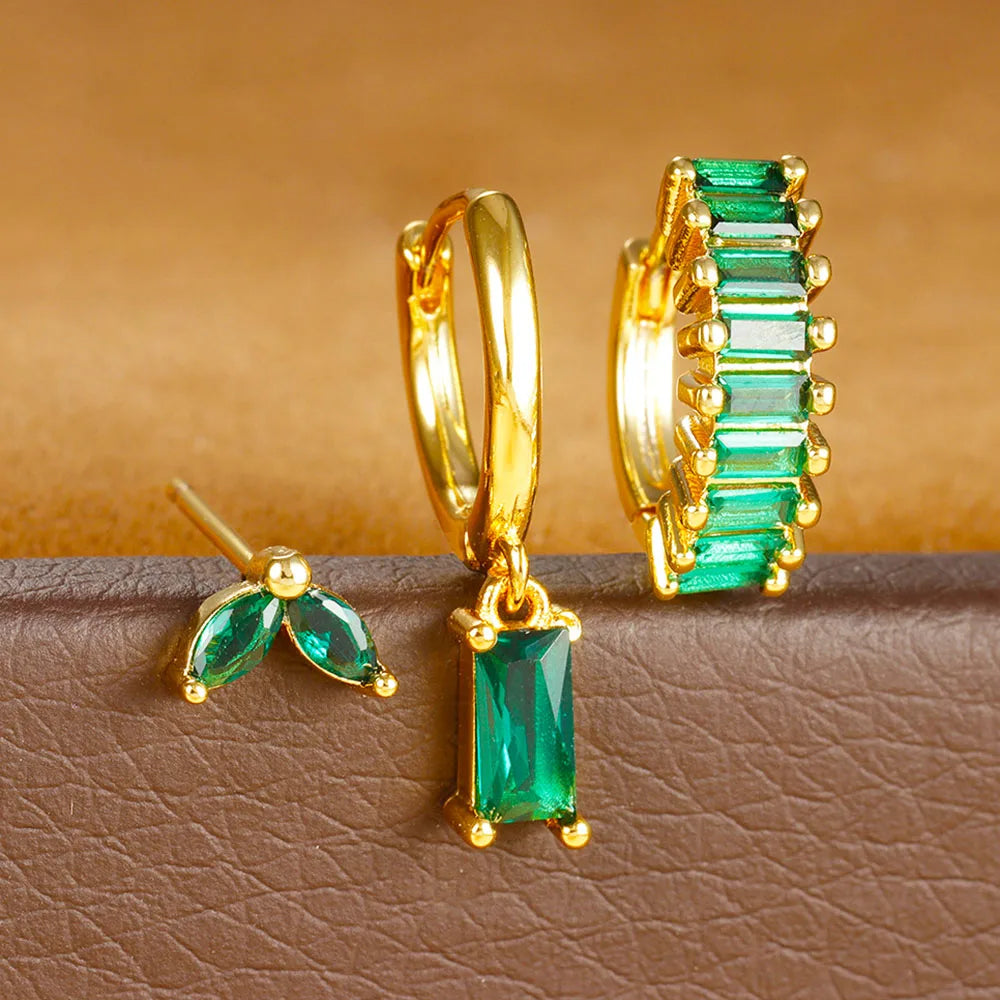 3PCS Stainless Steel Square Earrings Sets for Women Vintage Zircon Pendant Geometry Round Circle Hoop Earrings Piercing Jewelry