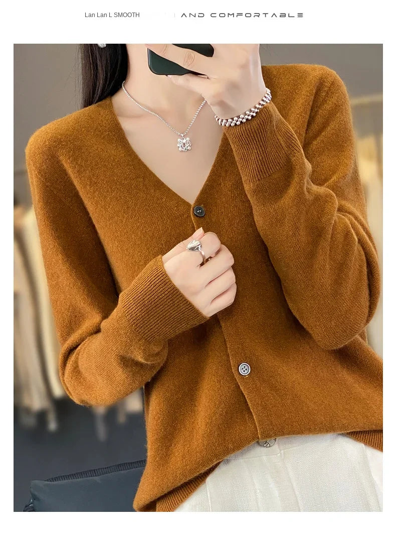 100 Merino Wool Knitted V-neck Sweater Women's Top Loose Korean Version Fashionable Versatile Autumn And Winter Cashmere Sweater