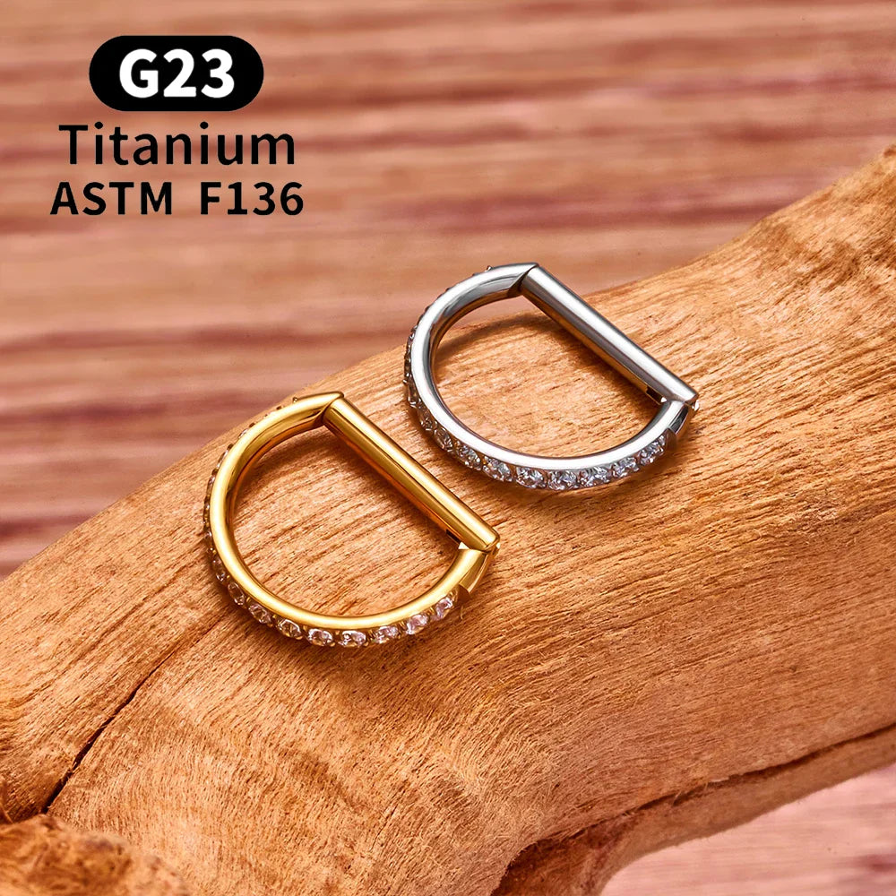 1/10PCS F136 G23 Titanium Piercing Nose Ring D Shape Hinged Segment CZ 16G Clicke Cartilage Tragus Helix Earrings Body Jewelry