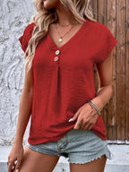 Camisas Fashion  And Casual Women Blouse 2025 Summer Loose V-neck Button Tops Bat Sleeves Women Solid Short Sleeve Shirt  S-XXL