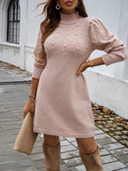 2025 Autumn Women Sweater Dresses Pearls Round Neck Long Sleeve Hip Wrap Dress Winter Elegant Ladies Casual Solid Slim Fit Dress