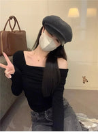 Elegant Off-Shoulder Long Sleeve Knitted Top For Women 2023 Autumn Slimming Smooth Base Layer T-Shirt Polyester Fiber Full Sleev