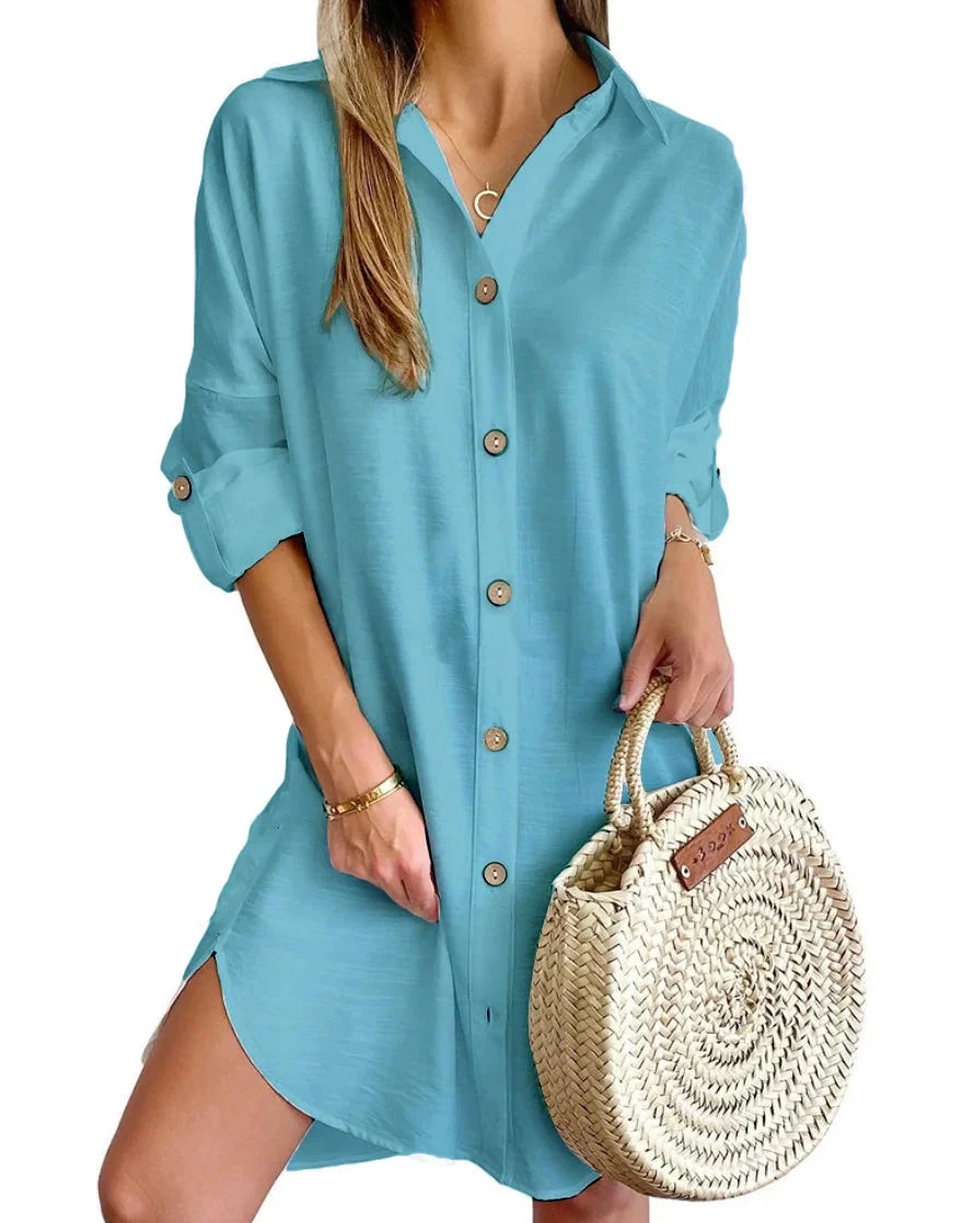 Elegant Women's White Spring And Autumn Casual Long Sleeved Lapel Button Up Shirt Dress 2024 Fashionable Woman Loose Mini Dress