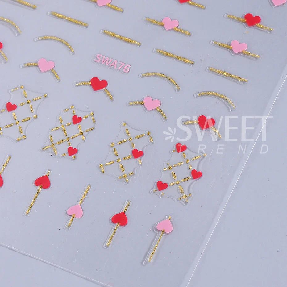 2pcs Black White Red Love Heart Nail Stickers Metallic Golden French Line 3D Adhesive Slider DIY Valentine Design Manicure Decor