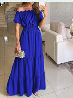 2025 Summer Solid Boho Dress Women Fashion Elegant Beach Party Dress Casual Slash Neck Office Maxi Dresses For Woman Robe Femme