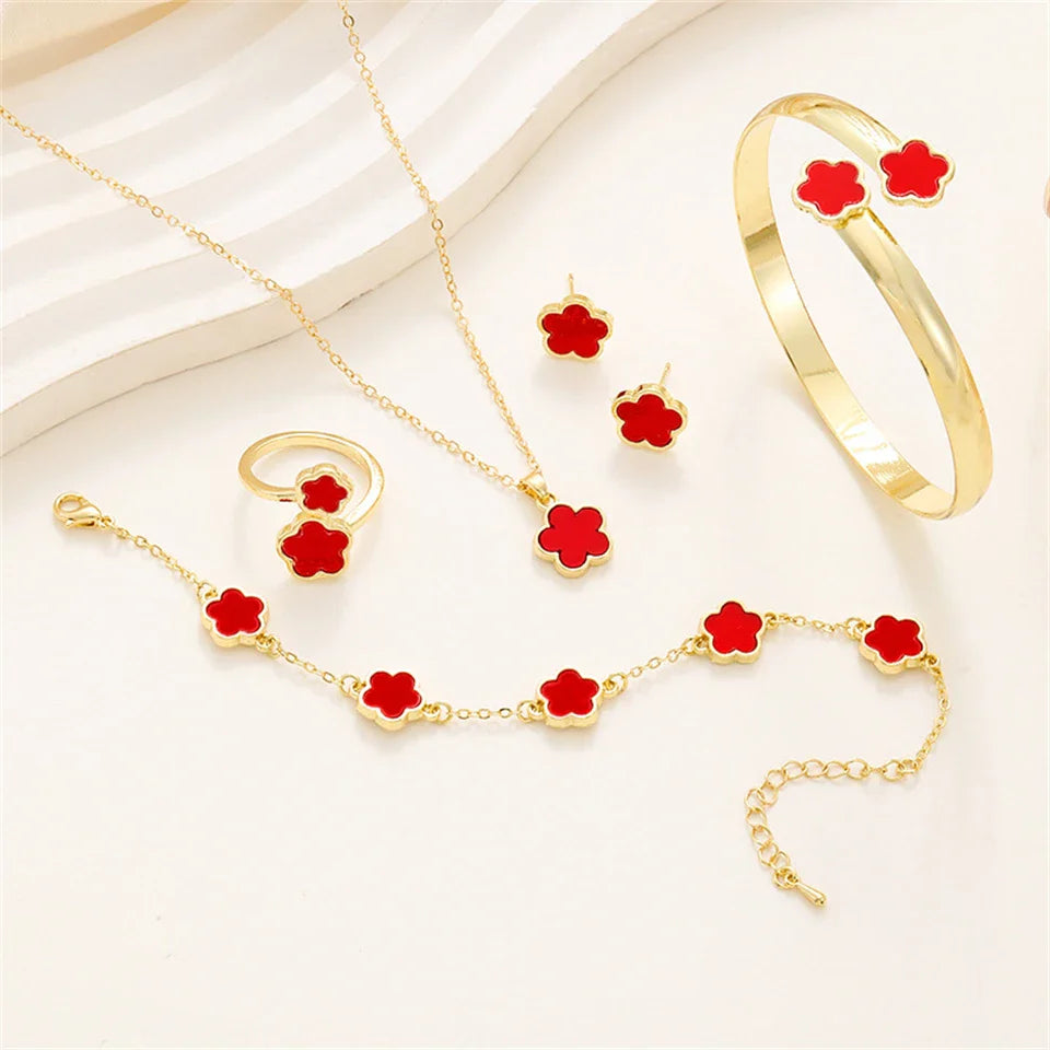 5pcs Lucky Five-petal Flower Women's Jewelry Set, Fashion Flower Bracelet + Necklace + Earrings + Bracelet + Ring Set, Birthday