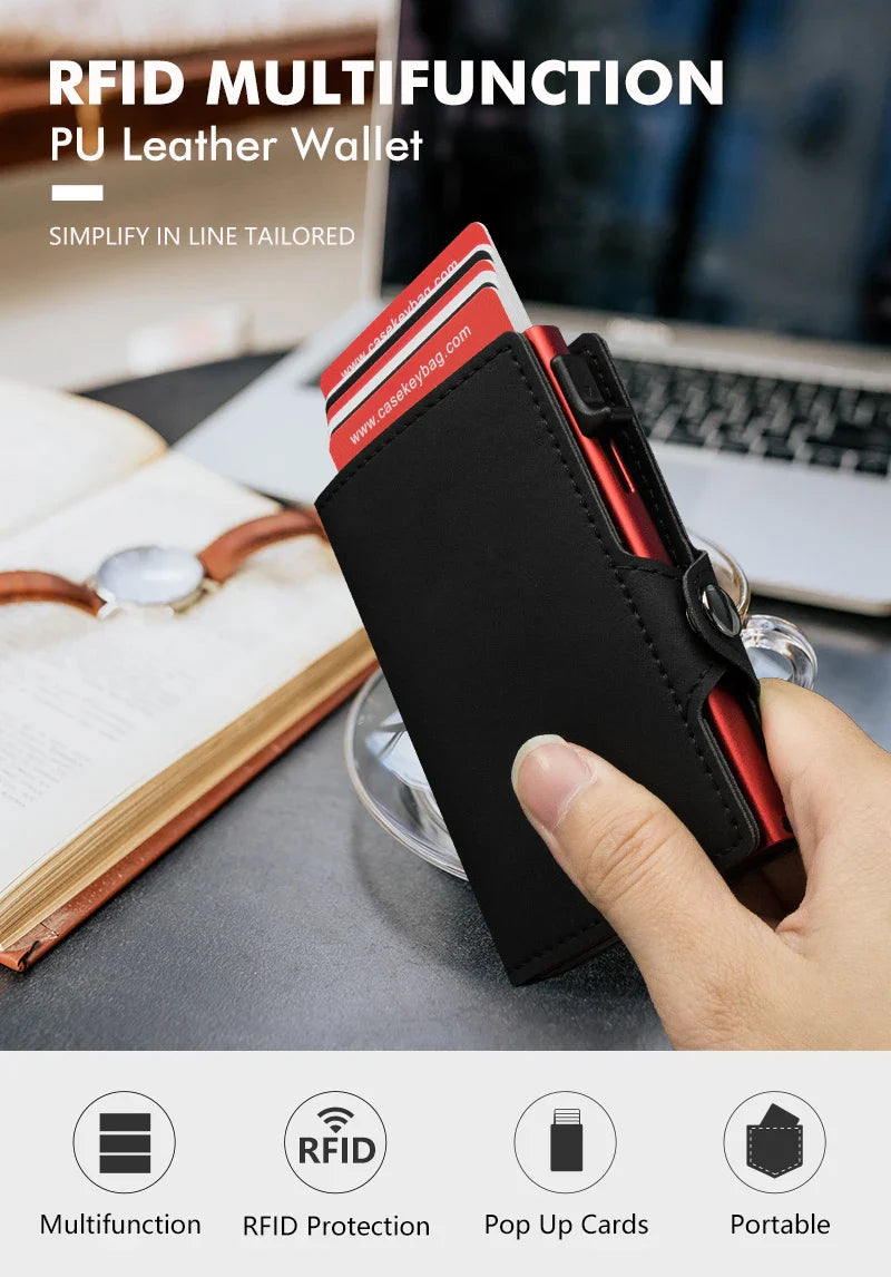 CASEKEY Pink Wallet Slim Minimalist Leather Pop UP Wallet Rfid Blocking Mini Aluminum Automatic Card Holder for Women Men